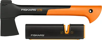 A Fiskars X7 axe and a sharpener are displayed against a white background.