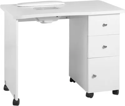 A white nail technician's desk with a built-in dust collector and three drawers.