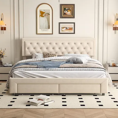 Immagine prodotto di Letto a cassettone 160x200 con 2 cassetti, Letto imbottito con rete a doghe, tessuto in velluto e decorazione con bottoni, beige