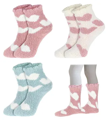 Obrázek produktu pro Teplé dámské ponožky, velikost 39-42, s motivem srdce, huňaté, zimní, balení po 3 kusech