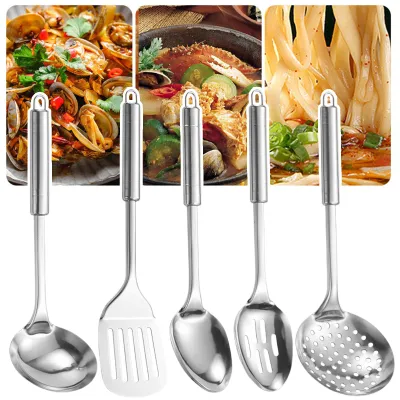 Produktbild von 5Pcs Edelstahl Küchenutensilien Set Hitzebeständig Antihaft Löffel Spatel mit Hängeloch Ergonomischer Griff Kochwerkzeuge