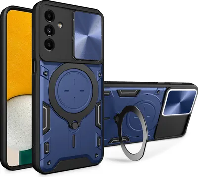 Produktbild von Handyhülle für Samsung Galaxy A13 5G Dual-Layer Stoßfest Rüstung Hülle mit Dia Kameraschutz und Kreisförmig Ring Ständer Blau