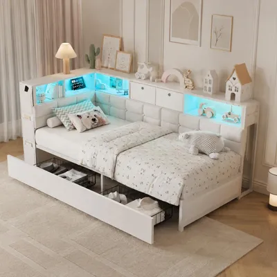 Immagine prodotto di Letto imbottito INONEFT, divano letto 90x200 cm, letto singolo con LED e USB, letto contenitore con testiera e cassetti, letto per ragazzi, struttura del letto, tessuto, bianco
