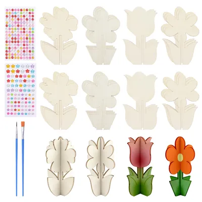 24er-Set 3D-Holzblumen zum Bemalen, DIY-Bastelset mit Pinsel