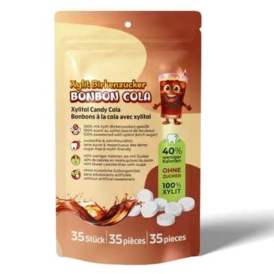 Produktbild von Xylit Birkenzucker Bonbons COLA | 100% mit Xylit gesüsst | 70g Inhalt | 35 Bonbons einzeln verpackt | mit natürlichem Aroma | zahnfreundlich