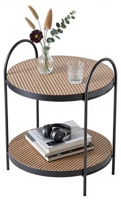 Zdjęcie produktu dla Ibenzoa® Nowoczesny stolik pomocniczy z naturalną drewnianą płytą i czarną metalową podstawą – średnica 40 cm, wysokość 45 cm, dwupoziomowa półka, idealny do salonu i sypialni
