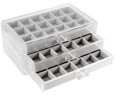 Imagen del producto de Organizador de joyería: caja de acrílico con 3 compartimentos, soporte de terciopelo ajustable, color gris. Ideal para pendientes, anillos y collares. Perfecto para mujeres y niñas