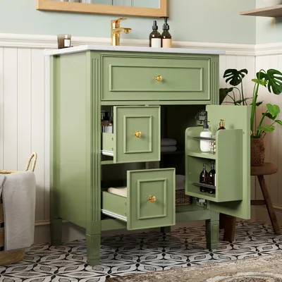 Immagine prodotto di Mobiletto da bagno con cassetto a ribalta, ante singole con ripiani, mobile lavabo con due cassetti estraibili, senza rubinetto, mobiletto, colore verde