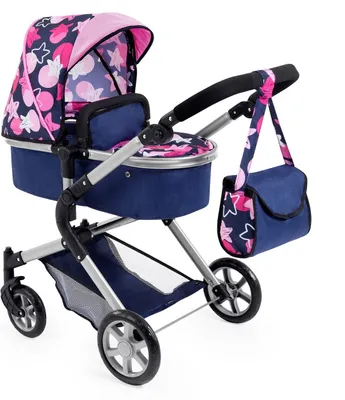 Produktbild von Bayer Design 18169AA Puppenwagen City Neo mit Tasche, wandelbar als Jogger, verstellbarer Griff, faltbar, blau mit rosa Sternen