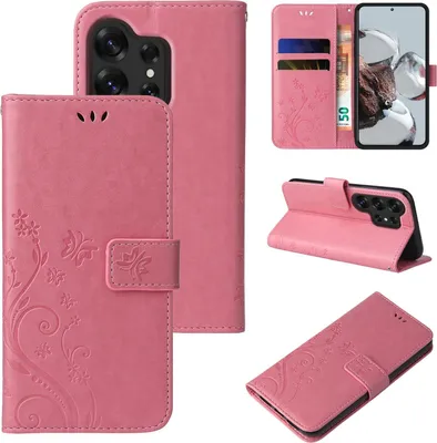Produktbild von Handyhülle für Samsung Galaxy S26 Ultra Floral Blumen Schmetterling Flip Cover Hülle Case Klapphülle Handytasche Farbe: Rosegold