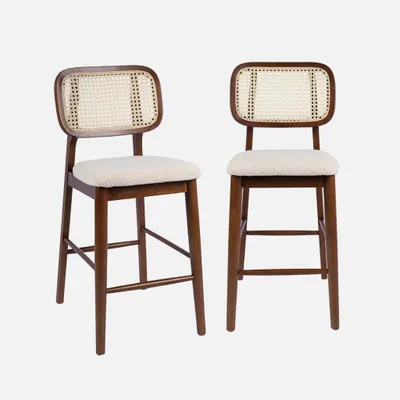 Produktbild von sweeek - 2er-Set Barhocker aus Heveaholz mit Rattan-Geflecht und Bouclé-Sitz - Nussbaumfarben