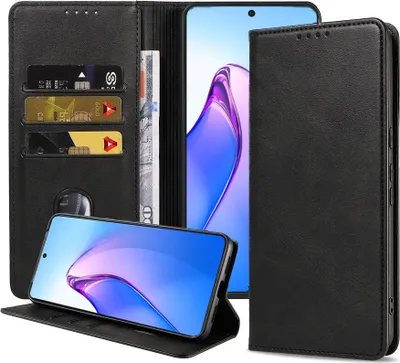 Produktbild von Smartphonica Handytasche geeignet für Oppo Reno 8 Pro Kunstlederhülle mit Magnetverschluss und Kartenhalter Buchhülle mit Klappe - Schwarz