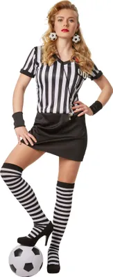 A woman posing in a soccer referee costume.