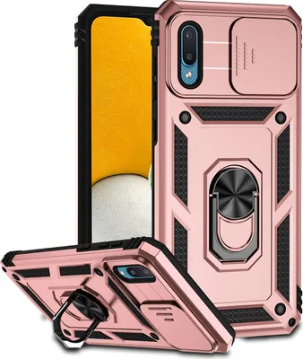 Image de Étui pour Samsung Galaxy A02 étui double couche avec couvercle coulissant pour l'appareil photo et anneau de support Rose