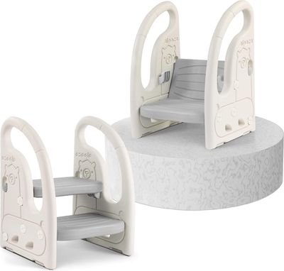Onasti Tritthocker für Kinder 2 Stufen, Höhenverstellbar Tritt-Schemel Kinderschemel für Baby, mit Handhaben, Zweistufiger Tritthocker, Ab ca. 1.5 bis ca. 5 Jahre Grau
