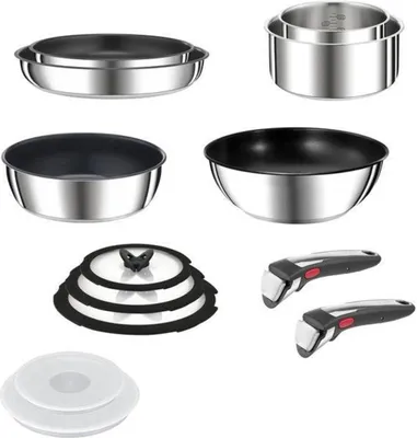 A collection of Tefal Ingenio Preference On cookware items, including pots, pans, lids, and handles, arranged on a white background.