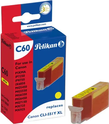 Produktbild von Pelikan C60 - Gelb - Tintenpatrone (entspricht: Canon CLI-551Y XL ) - für Canon PIXMA iP8750, iX6850, MG5550, MG5650, MG5655, MG6450, MG6650, MG7150, MG7550, MX725