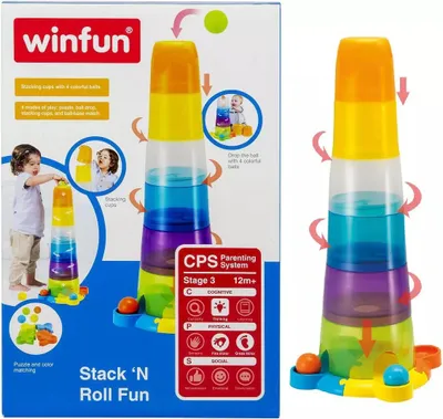 The image shows the packaging of a "Stack 'N Roll Fun" toy, which includes stacking cups and colorful balls. The packaging displays the product in use and highlights its features and benefits.