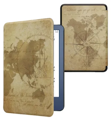 Produktbild von kwmobile Schutzhülle für Amazon Kindle (2022/2024) Hülle - eReader Flip Case mit Auto Sleep Funktion - Travel Vintage mit Braun Hellbraun