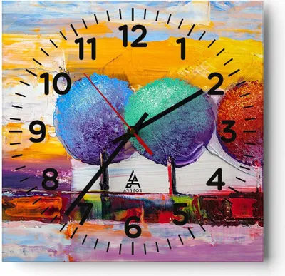 Produktbild von Wanduhr - Quadrat - Glasuhr - Bäume Wiese Sommer - 40x40cm - Schleichendes Uhrwerk - Lautlos - zum Aufhängen bereit - Dekoration Modern - Wanddekoration aus Glas - C4AC40x40-4110