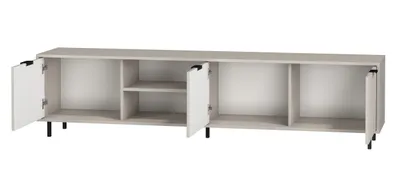 An open cabinet with shelves and doors, viewed from the front.