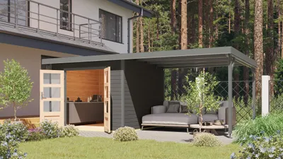Produktbild von Karibu Gartenhaus Hybridhaus Metall Pluto 6 im Set mit Anbaudach ca. 3 m breit terragrau 574x271x218,5 cm