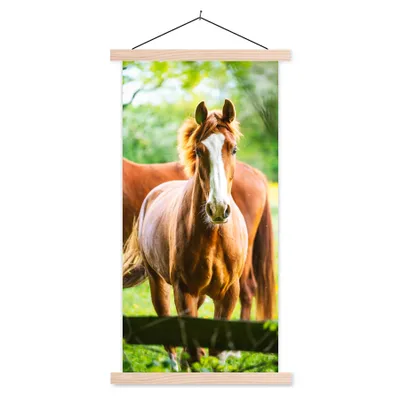 Produktbild von MuchoWow® Textilposter Pferde - Licht - Wiese 60x120 cm mit holzfarbenen Rahmen - Holz