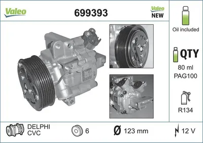 Produktbild von VALEO 699393 DKV06R Klimaanlage Klimakompressor PAG 100 R134a für TOYOTA AYGO (WNB1, KGB1) für CITROËN C1 (PM, PN) passend für PEUGEOT 107 Schrägheck