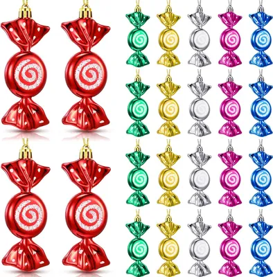 Imagen del producto de 24 adornos para el árbol de Navidad con forma de dulces – 9 cm – Adornos para el árbol de Navidad – Adornos navideños – Decoración colgante – Plástico – Colorido – Decoración navideña