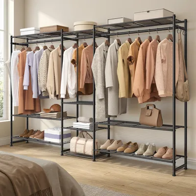 Produktbild von SONGMICS Kleiderständer, offener Kleiderschrank, Garderobenständer mit Ablagen, Metallrahmenm, für Schlafzimmer, Wohnzimmer, Eingangsbereich,schwarz