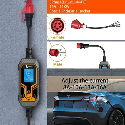 Imagen del producto de Cargador portátil para vehículos eléctricos de 11 kW, con cable de 5 metros, tipo 2, trifásico, resistente al agua (IP65), cargador de automóvil móvil