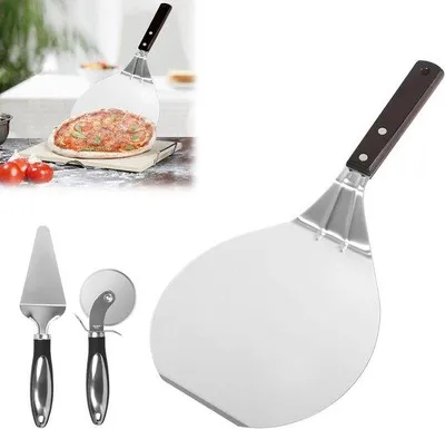 Produktbild von Pizzaschubpresse aus Edelstahl 165 x 165 cm - Pizzaschieber mit Pizzaschneider - Dreieckiges Schubwerkzeug