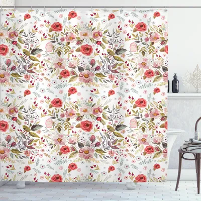 Obrázok produktu pre ABAKUHAUS Kvetinová sprchová záves, ručne maľované romantické kvety a listy, jarná sezóna, záhrada, vintage, 175 x 240 cm, viacfarebná