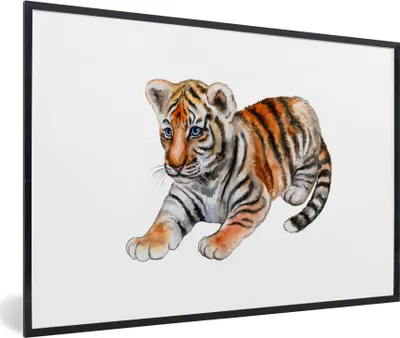 Produktbild von MuchoWow® MuchoWow® Gerahmtes Poster Tiger - Baby - Weiß 90x60 cm - Poster mit zchwarzem Bilderrahmen - Fotorahmen - Foto-Plakat
