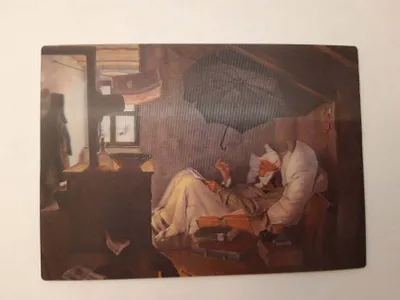 Produktbild von 3 D Ansichtskarte Gemälde, Der arme Poet, Carl Spitzweg, Kunst Bild Postkarte Wackelkarte Hologrammkarte
