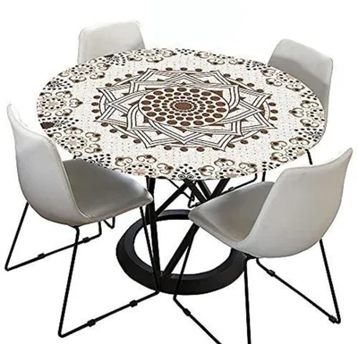 Image de Nappe d'extérieur ronde, diamètre 90 cm, lavable, résistante à l'eau, couleur crème, motif mandala