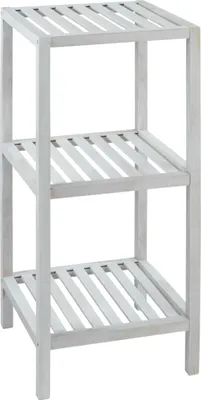 A white wooden shelf unit with three slatted shelves.