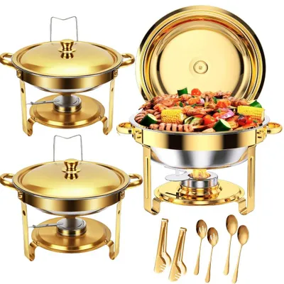 Runder Chafing-Dish 2er-Set 5 l Edelstahl Gold mit Glasdeckel Speisenwärmer