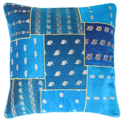 Produktbild von Orientalische Kissenhülle, Kissenbezug Saree Patchwork - Blau, Viskose, 40*40*0,5 cm, Zierkissen, Dekokissen, Sofakissen