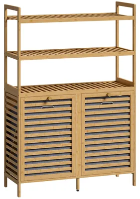 Zdjęcie produktu dla Szafka na pranie z bambusa, z 2 koszami i 3 półkami | Kolor: dąb | Wymiary: 80x30x118 cm