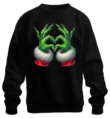 Immagine prodotto di Felpa unisex con stampa Grinch, mani, cuore, Natale, divertente, regalo, glitter, nera, taglia S