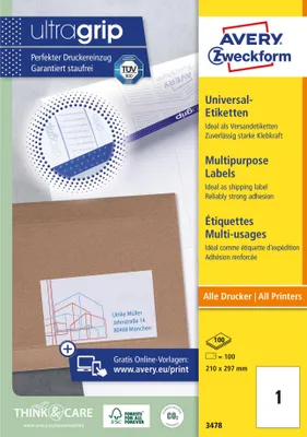 Produktbild von Avery Zweckform - Etiketten Zweckform 3478 210x297mm A4 weiß 100 Stück
