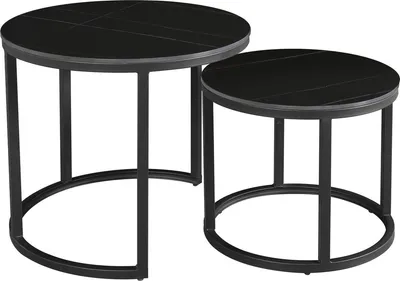 Immagine prodotto di Tavolino rotondo Bolt Edge – Effetto marmo – Moderno – Nero – Set da 2 – Pietra sinterizzata – Tavolino da salotto – 53/43 cm
