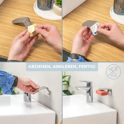 Collage showing the installation and use of a magnetic soap holder next to a sink.