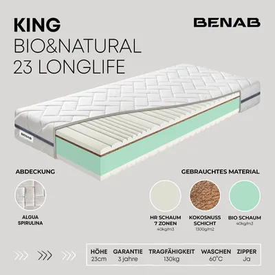 Produktbild von Kaltschaummatratze Benab King Bio&Natural 23 Longlife Matratze 80 x 195 cm H3 / H5 hart 23 cm hohe Kaltschaummatratzen, Algua Spirulina, BIO Schaum, Kokosnuss, HR, 7 Zonen, Profilierung, Partnermatratze