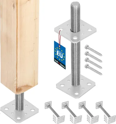 A product shot of post anchors and a wooden post, with screws and a product tag.