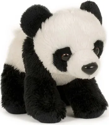 A plush toy panda sitting on a white background.