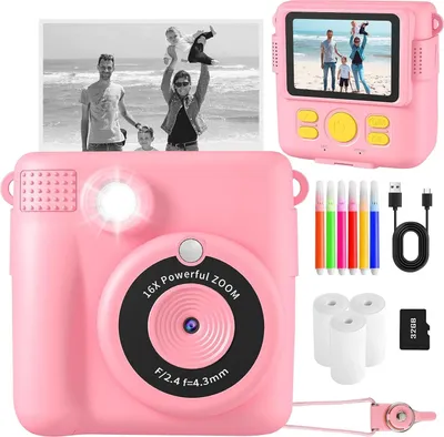 A collage of a pink instant camera with accessories and a family photo.