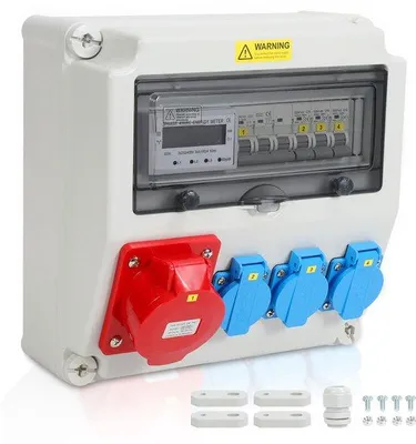 Obrázok produktu pre Nástenný adaptér na trojfázový prúd IP44 pre montáž na stenu Nástenná zásuvka pre stavebníctvo Istič 1x32 A, 3x230 V s trojfázovým elektromerom