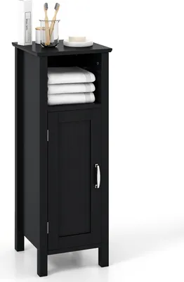 A black bathroom cabinet with an open shelf and a closed cabinet door, displayed against a white background.